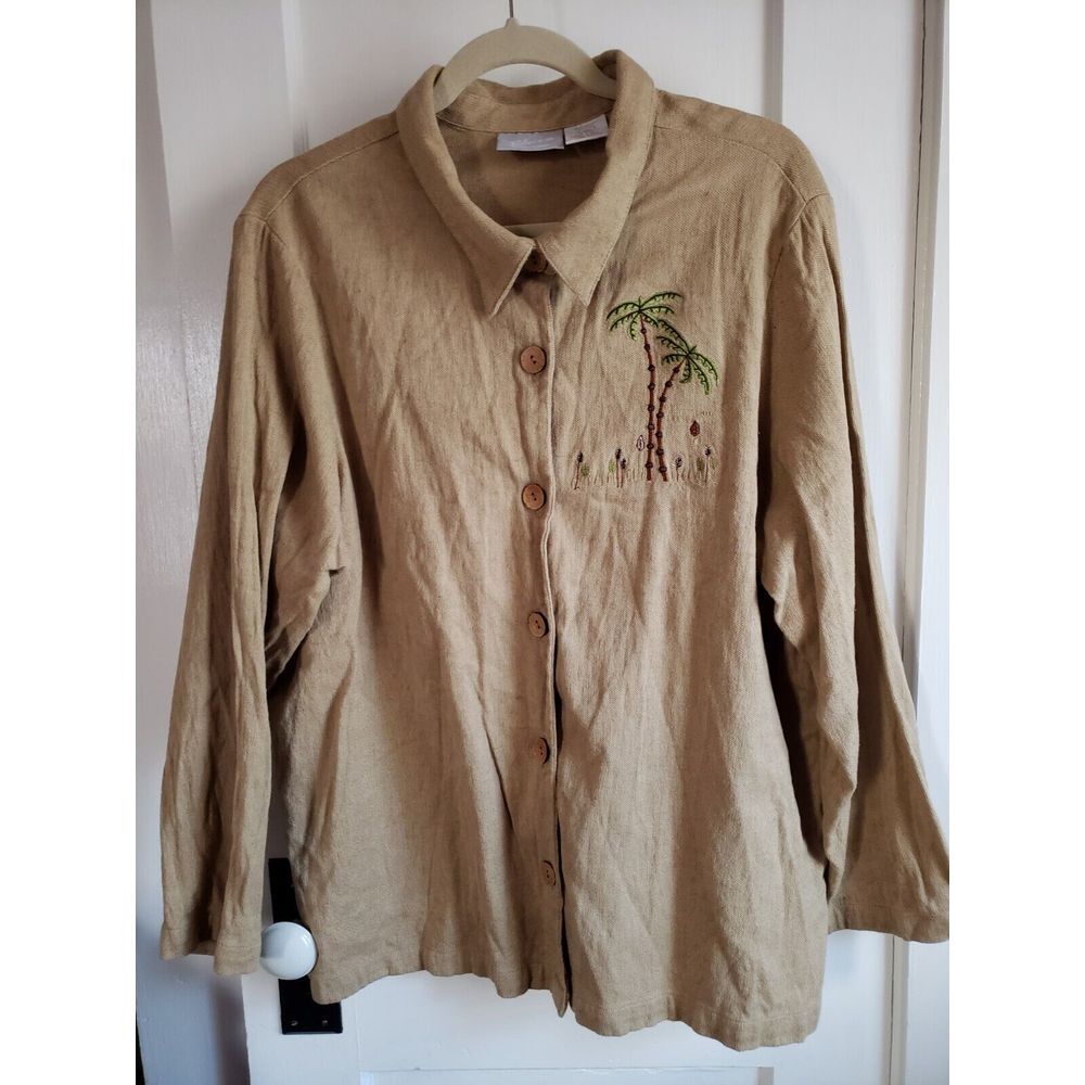 VTG Blair Womens COTTN LINEN BLEND  button‎ up Embroidery Beige BLOUSE XL